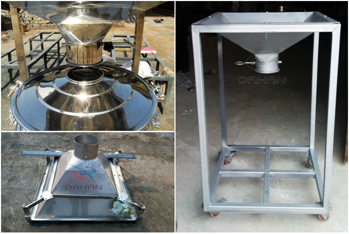 圓形振動篩料倉與進(jìn)料口連接處，料倉展示結(jié)構(gòu)圖